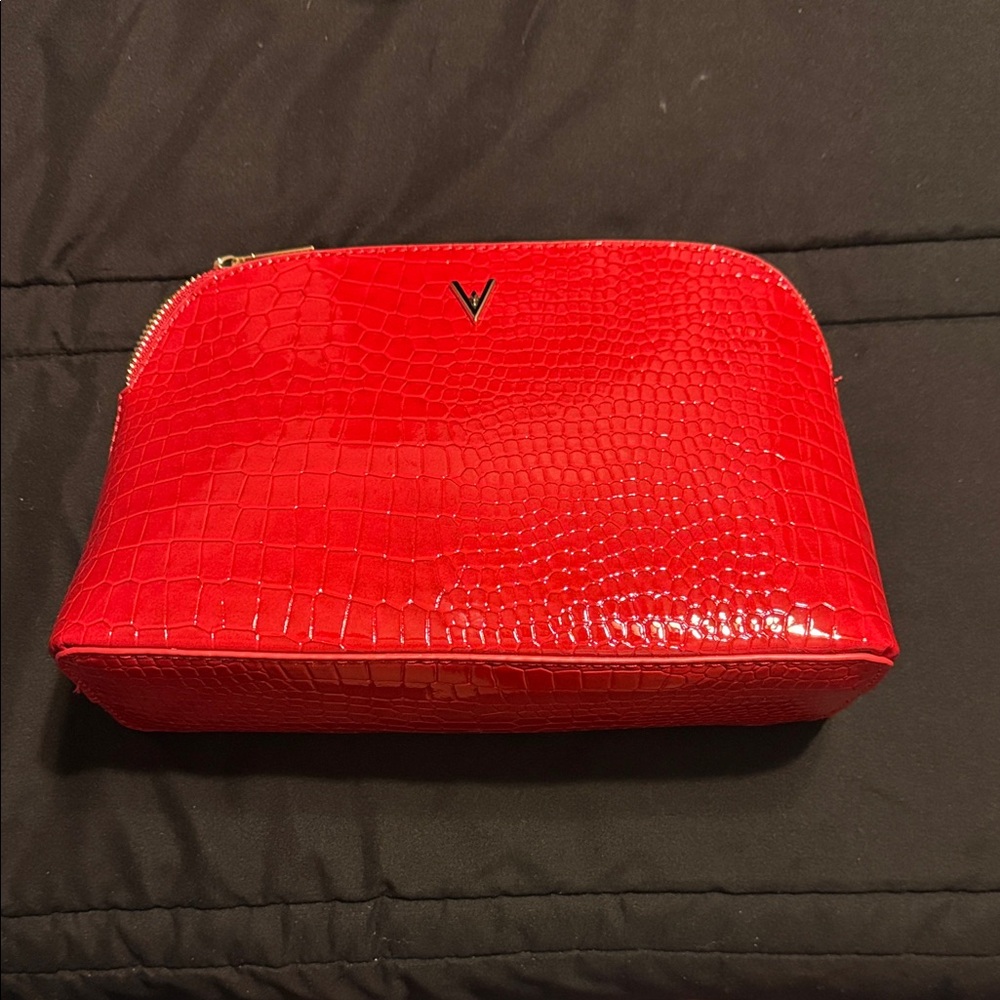 Elegant Red Crocodile-Embossed Cosmetic Bag